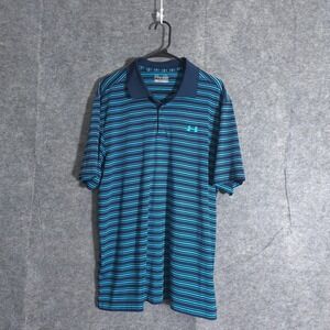 Under Armour Mens Polo Golf Shirt XL Blue Heat Gear Performance Striped Loose